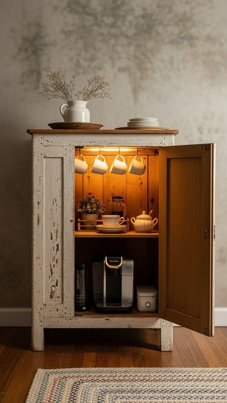 Distressed wooden cabinet with compact coffee setup, ceramic mugs on hooks, and vintage sugar bowl inside