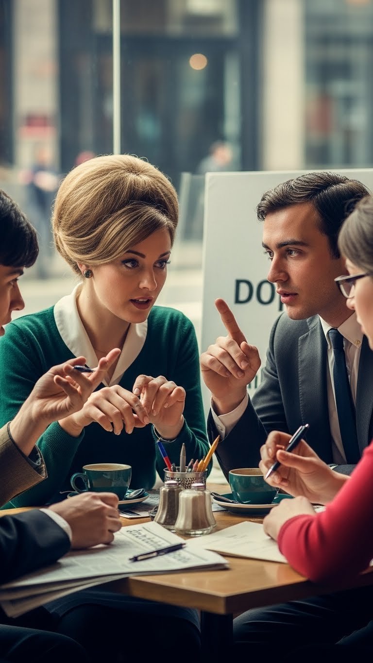 Diverse group intensely debating social issues around small table in bustling 60s coffee house atmosphere