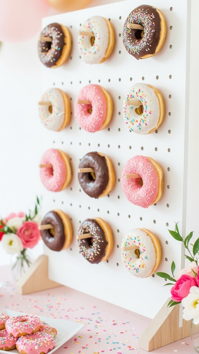 Donut wall display with chocolate, vanilla and strawberry glazed donuts hanging on white pegboard