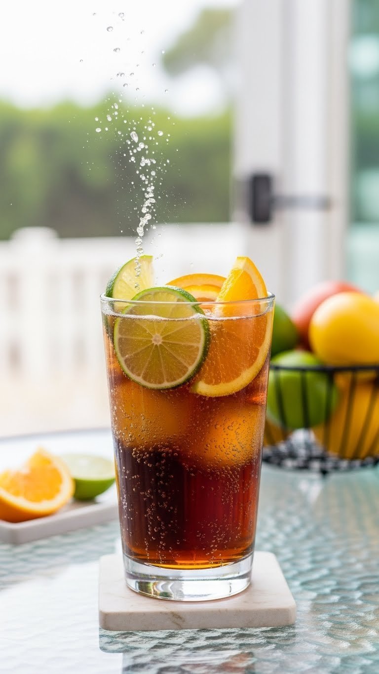 Dr Pepper Citrus Burst with fresh lime, lemon, and orange slices in sparkling highball glass on glass table