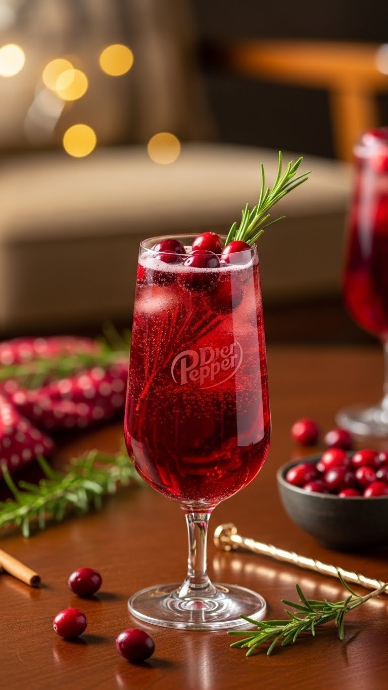 Dr Pepper Cranberry Sparkler with floating cranberries and rosemary sprig in elegant flute on dark wood table