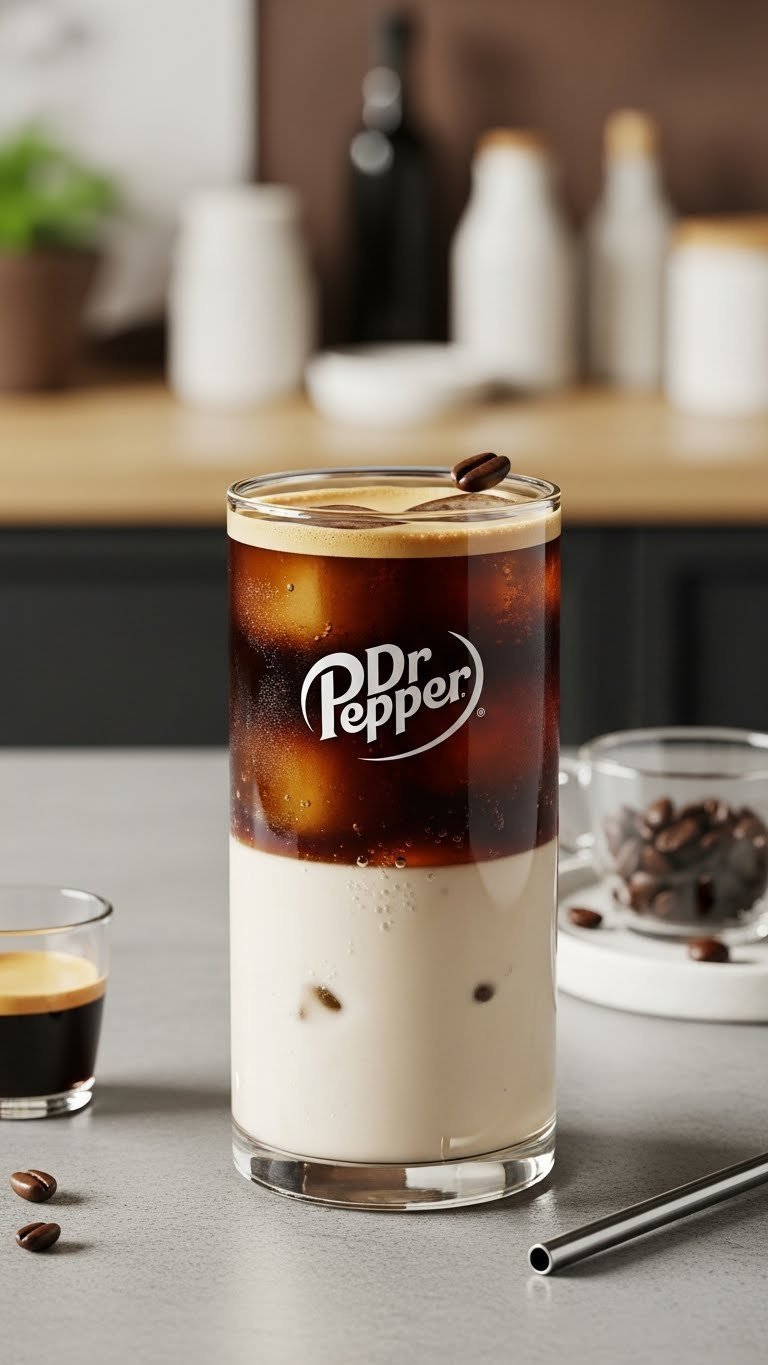 Dr Pepper Espresso Fusion with layered coffee and soda topped with coffee bean in modern glass on concrete counter