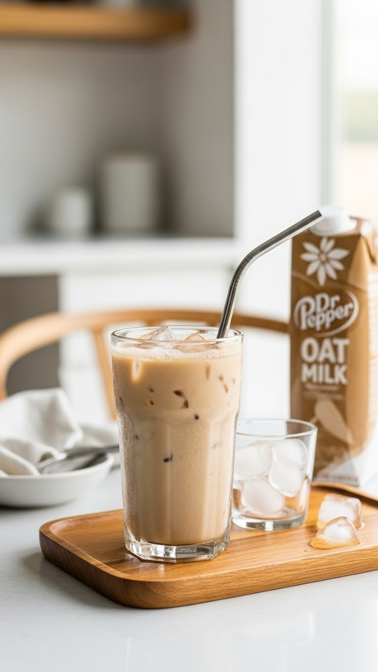 Dr Pepper and oat milk cooler with creamy texture and metal straw in frosty glass on minimalist wooden tray