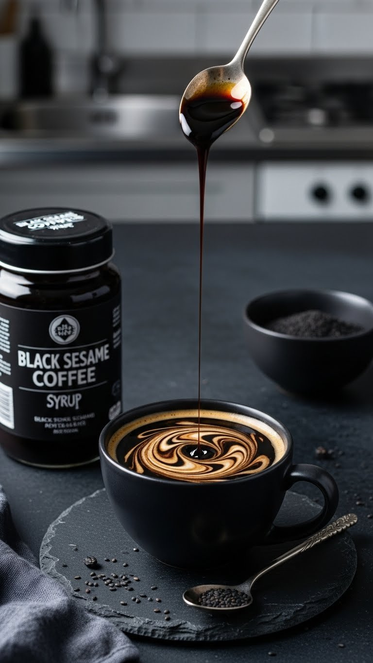 Dramatic black sesame syrup swirls into rich dark coffee, garnished with black sesame seeds on a dark ceramic mug.
