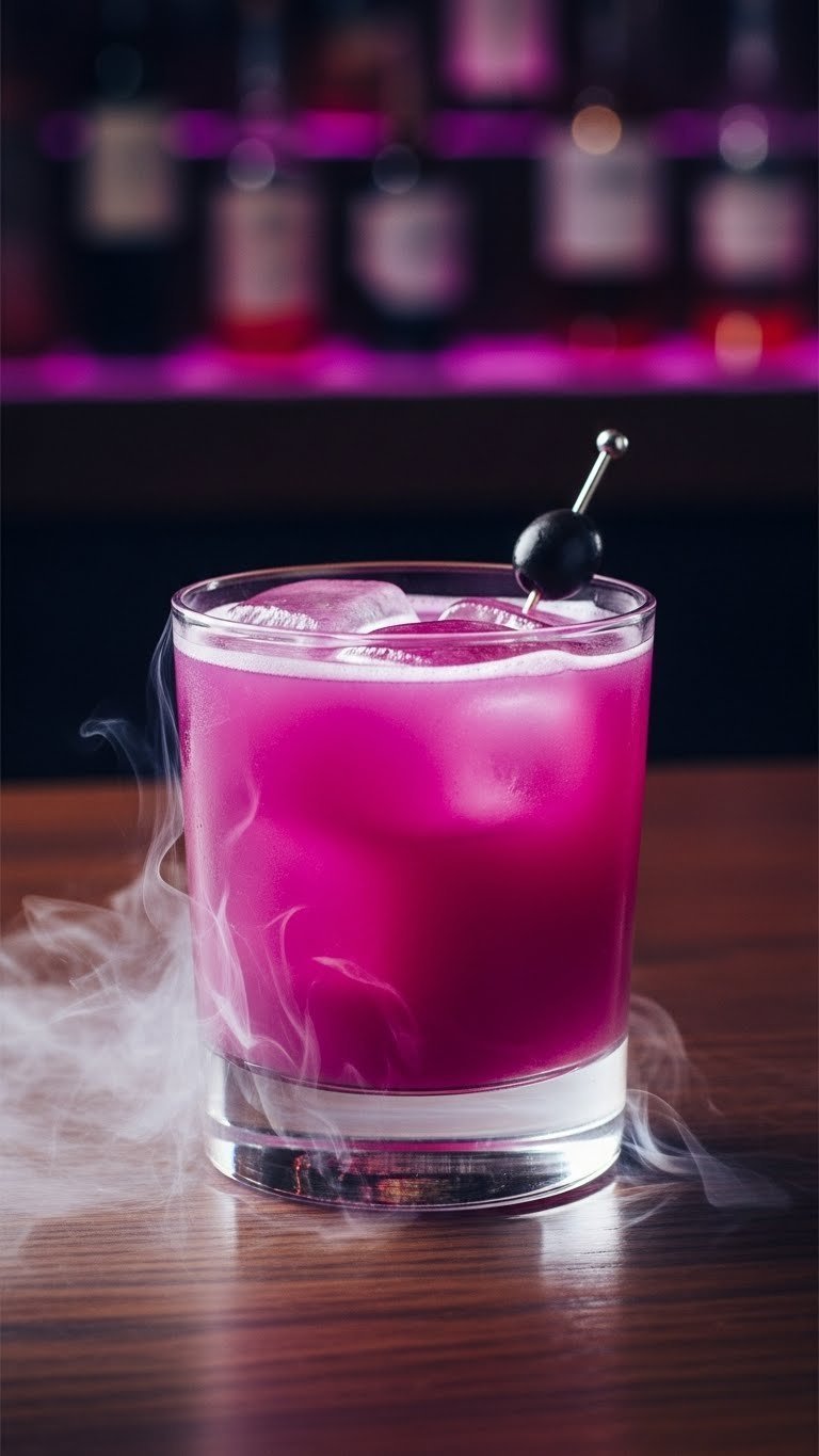 Dramatic close-up of intense purple Vegeta's Final Flash cocktail with iridescent glow in sophisticated glass