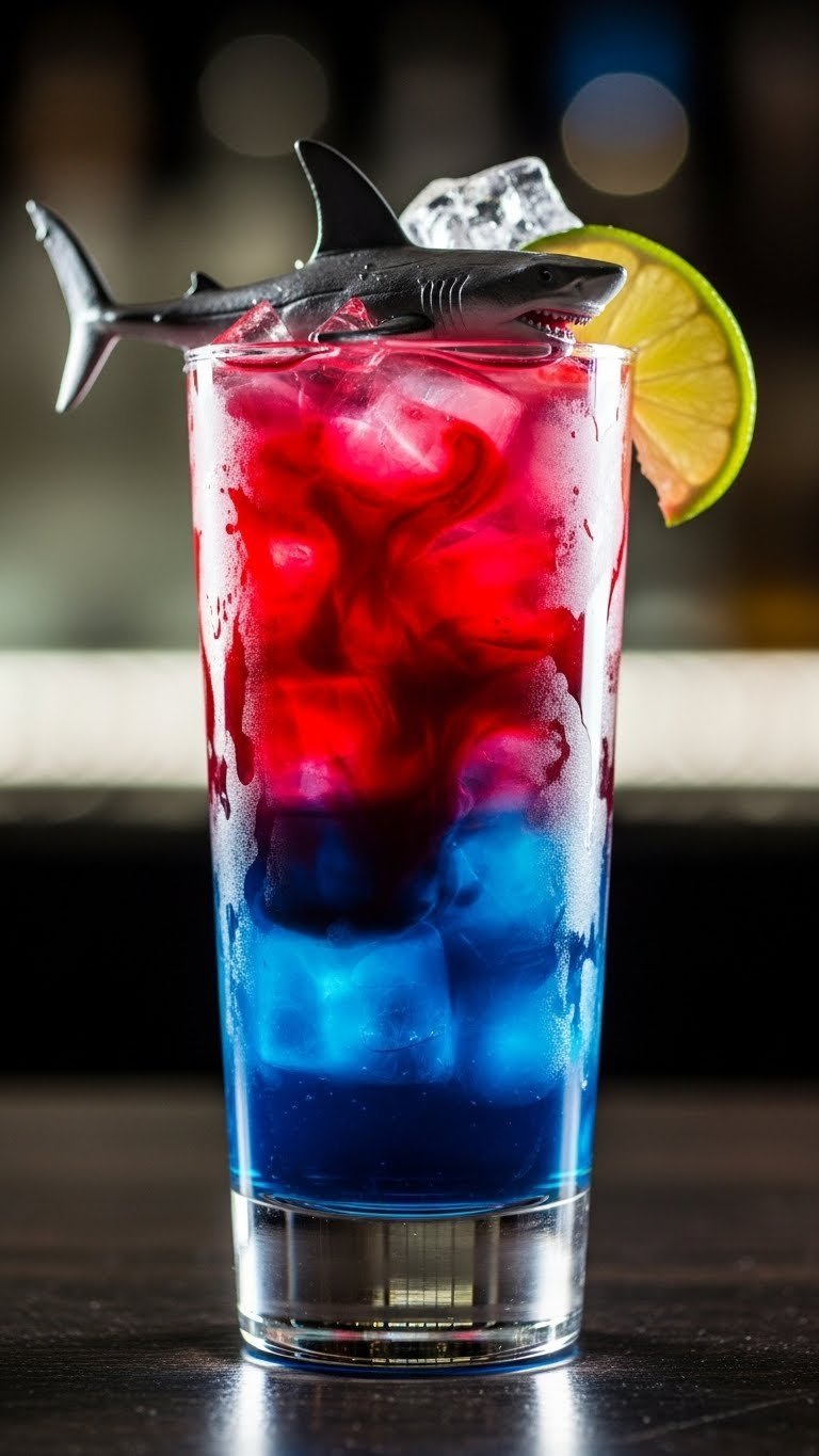 Dramatic shark attack drink with shark fin garnish and swirling blue liquid in hurricane glass on coastal-themed table setting.