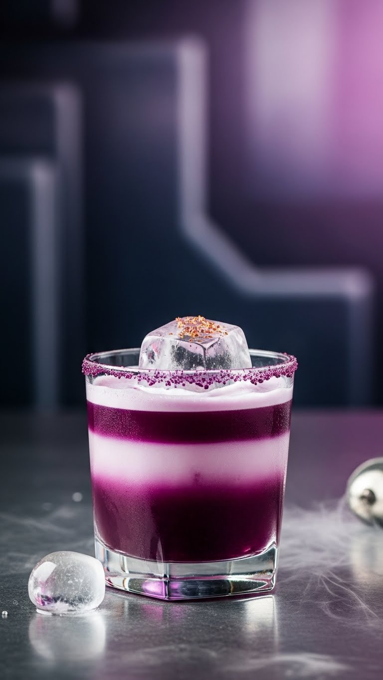 Dramatic shot of sophisticated layered Frieza's Galactic Emperor Brew with deep purples and icy whites
