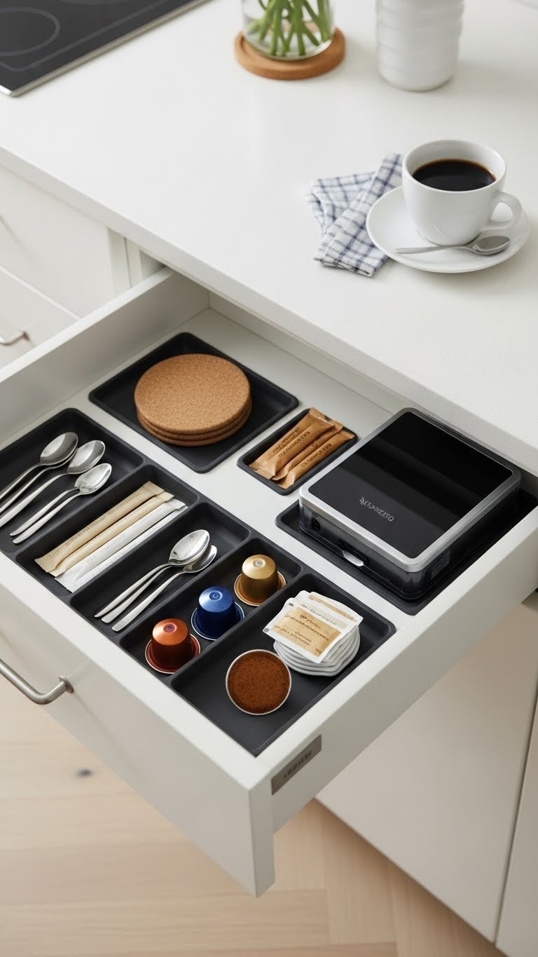 Drawer organizer coffee station with coffee pods, stirrers, and compact machine in light drawer