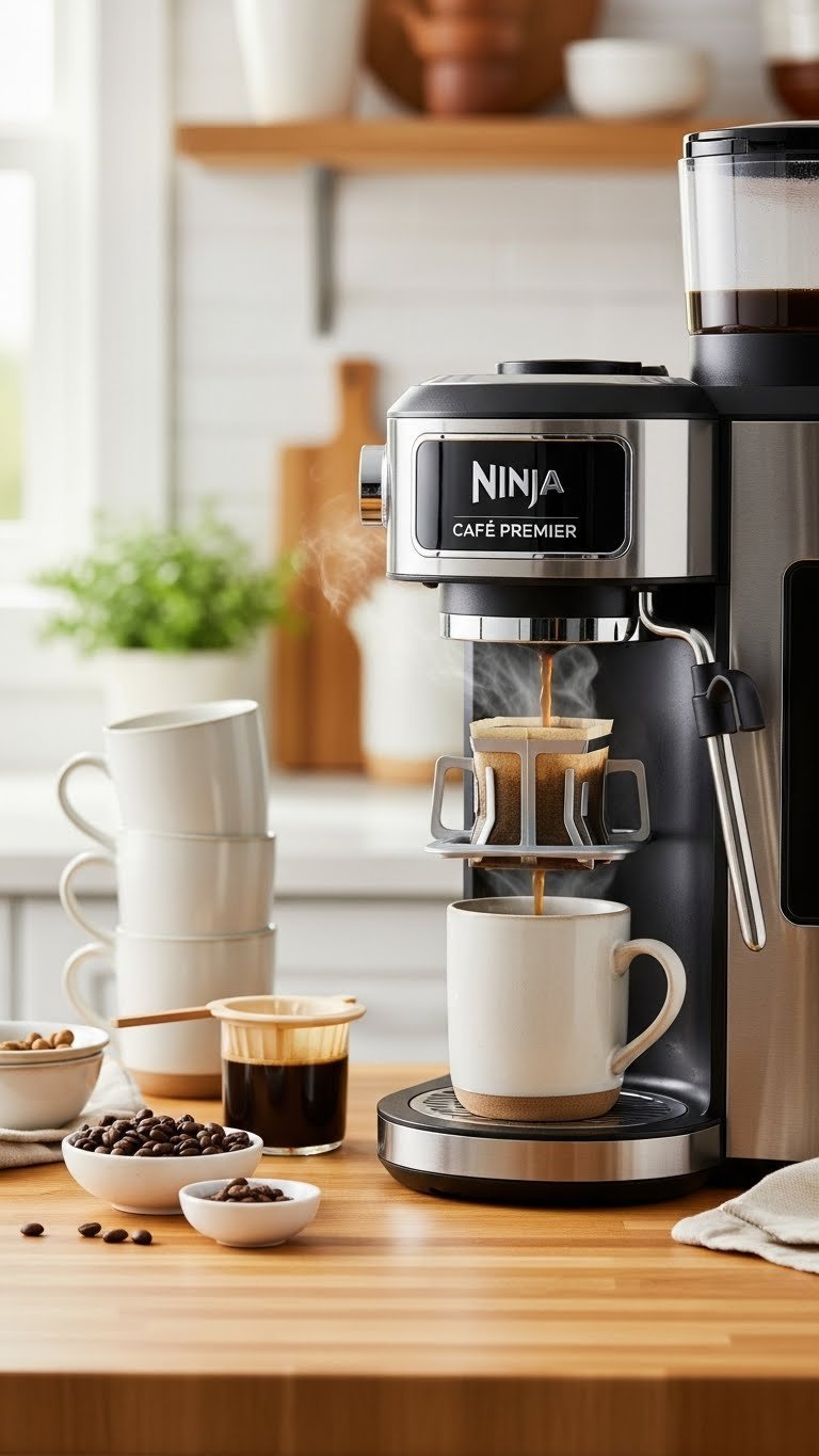 Drip coffee brewing from Ninja Luxe Cafe Premier into ceramic mug with steam rising on light butcher block countertop