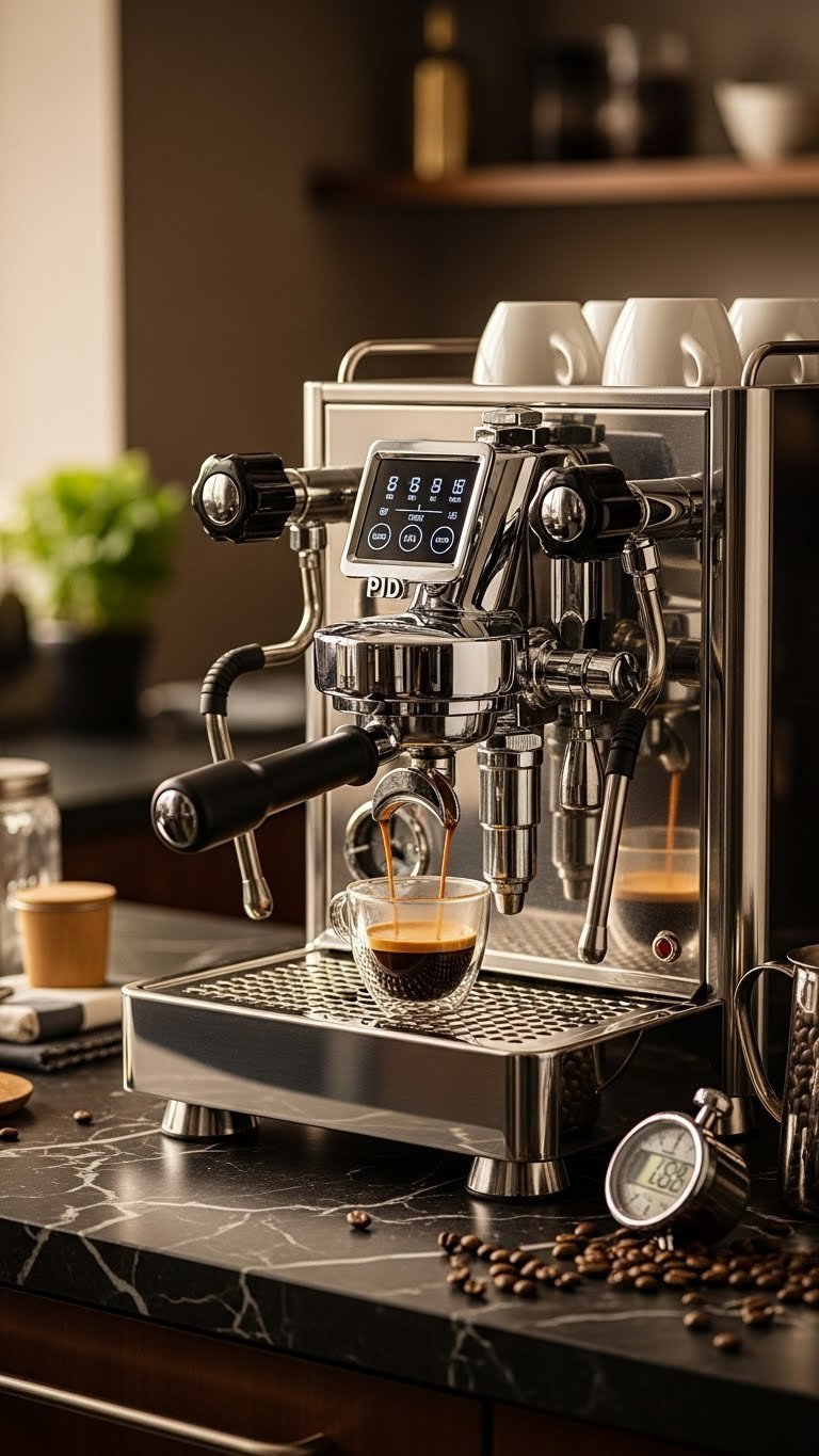 Coffee Bar Espresso Machines: Your Definitive Guide to Perfect Shots 8 Dual boiler espresso machine with PID display pulling espresso shot into glass cup on dark marble