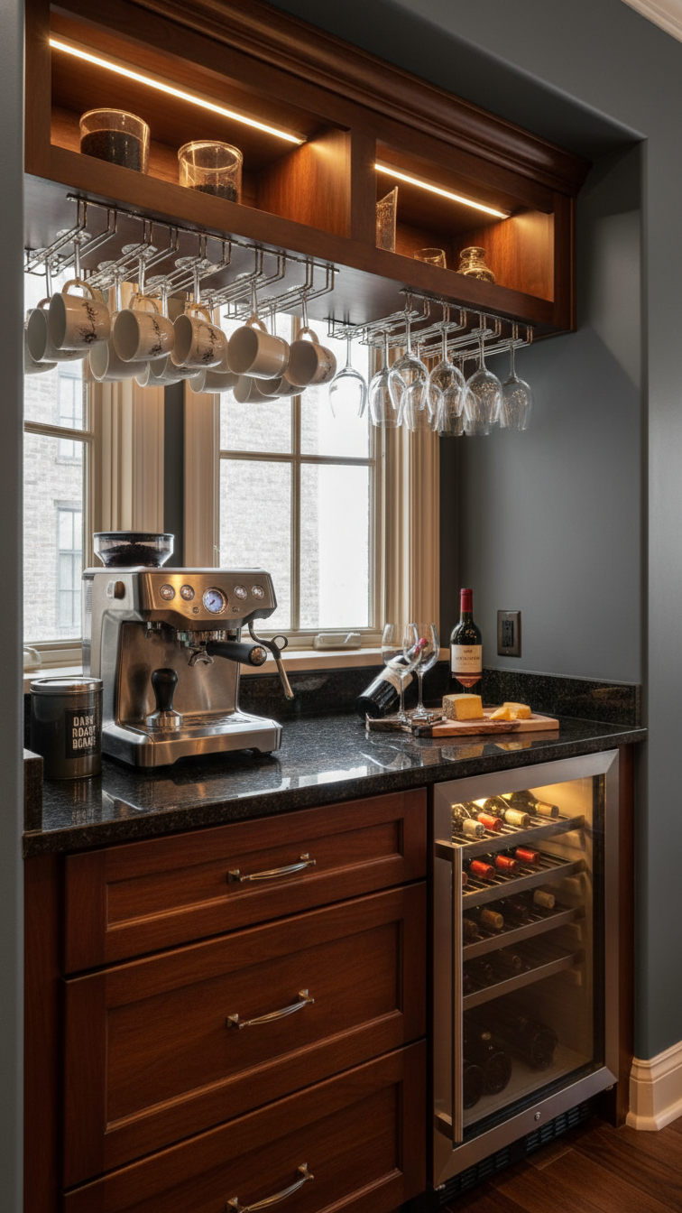 Dual-purpose coffee and wine bar with espresso machine and built-in wine fridge in bay window
