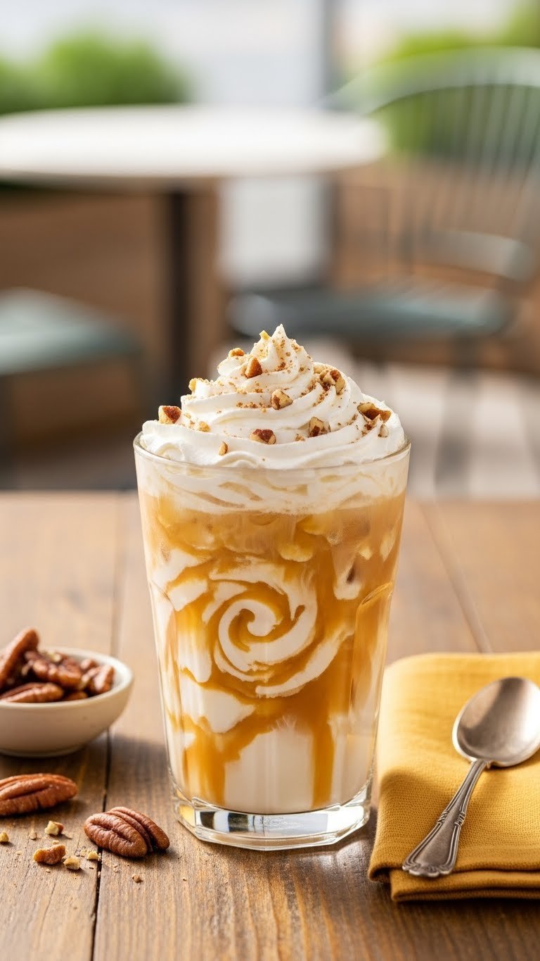 Dunkin Butter Pecan Swirl Iced Coffee with whipped cream and chopped pecans on wooden table