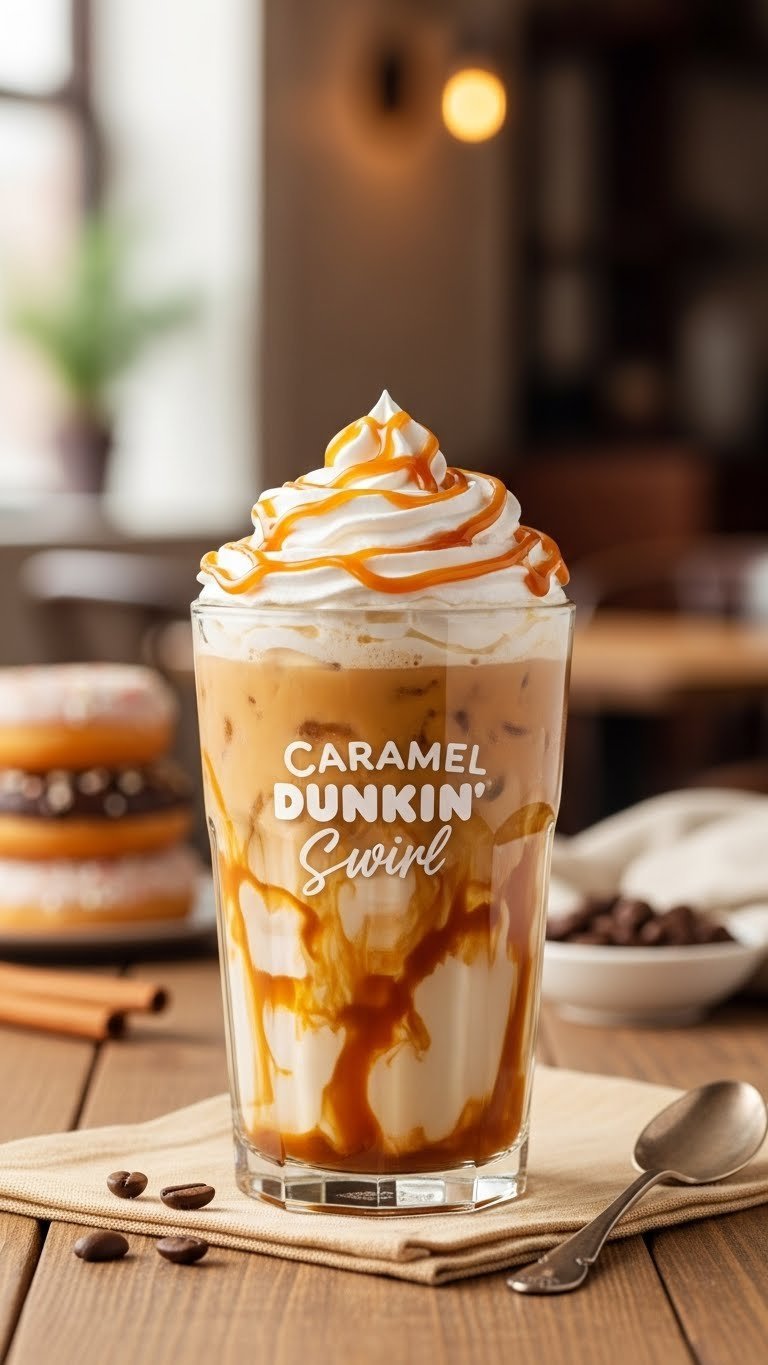 Dunkin Caramel Swirl Iced Coffee in tall glass with whipped cream and caramel drizzle on rustic wooden table