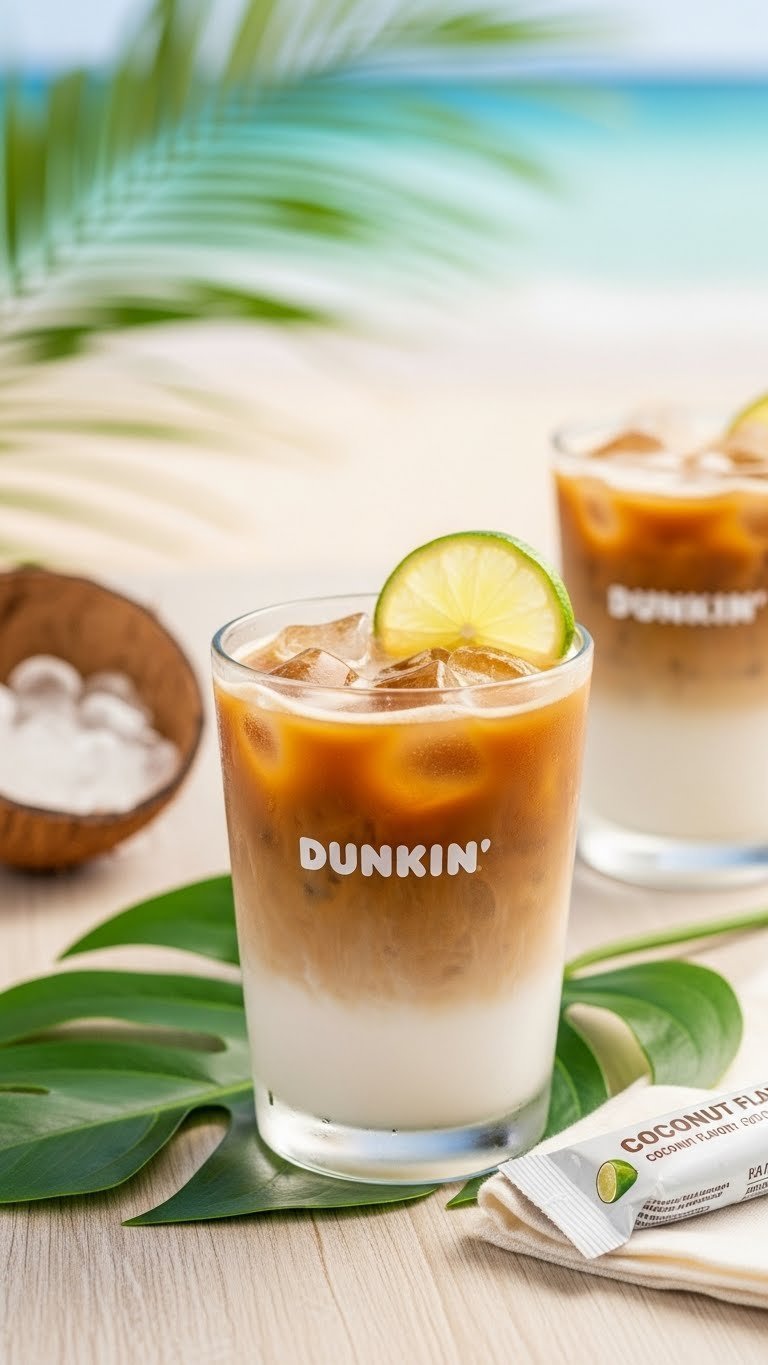Dunkin Coconut Flavor Shot Iced Coffee with tropical elements in frosted glass on beach backdrop