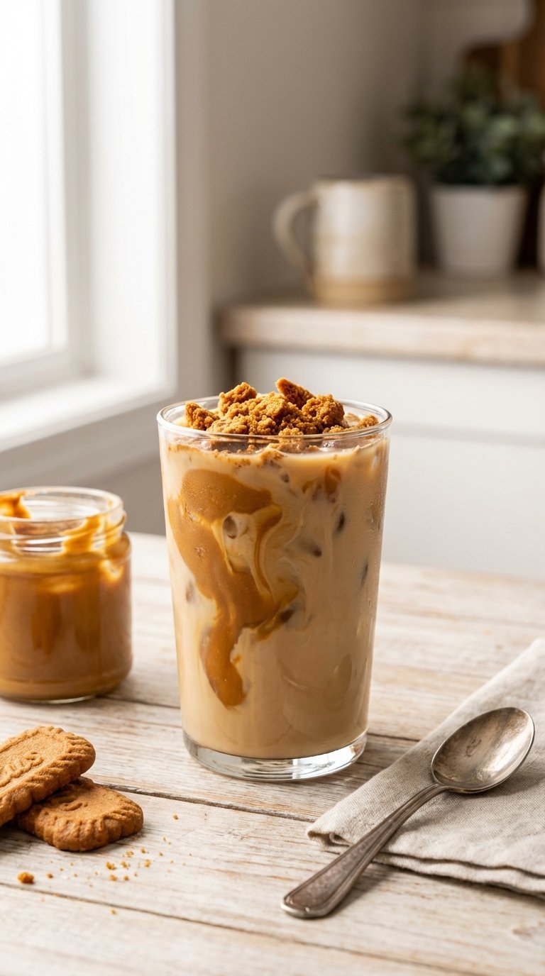 Dunkin Cookie Butter Swirl Iced Coffee with crumbled biscuit garnish on light wooden table