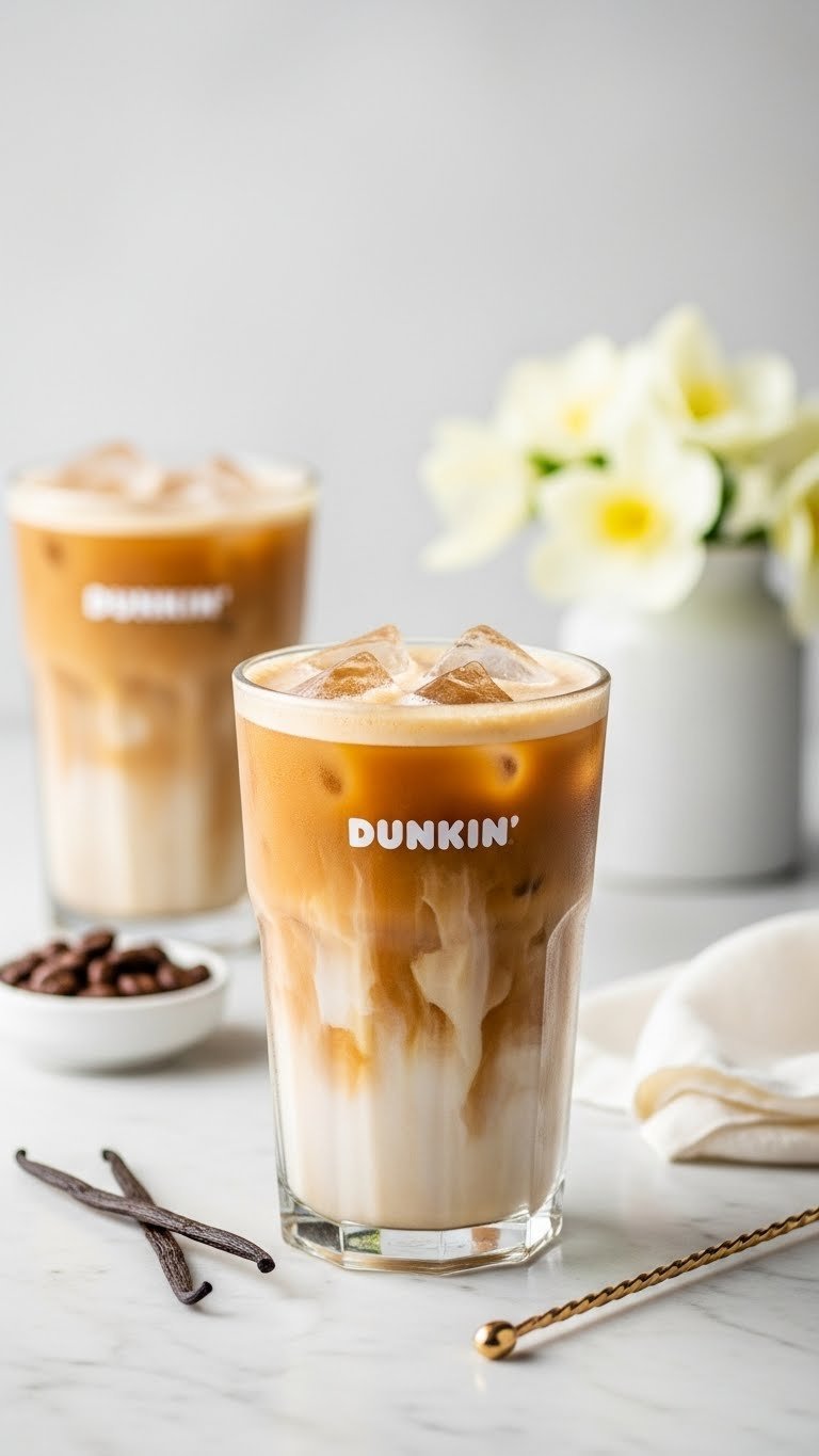 Dunkin French Vanilla Swirl Iced Coffee in frosty glass with foam topping on light marble surface