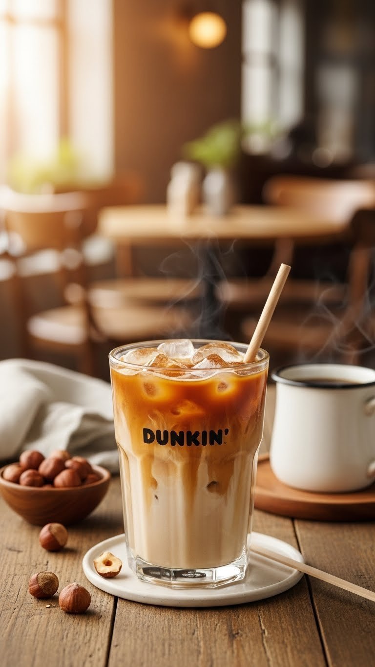 Dunkin Hazelnut Swirl Iced Coffee showcasing warm nutty tones in glass on rustic wooden table