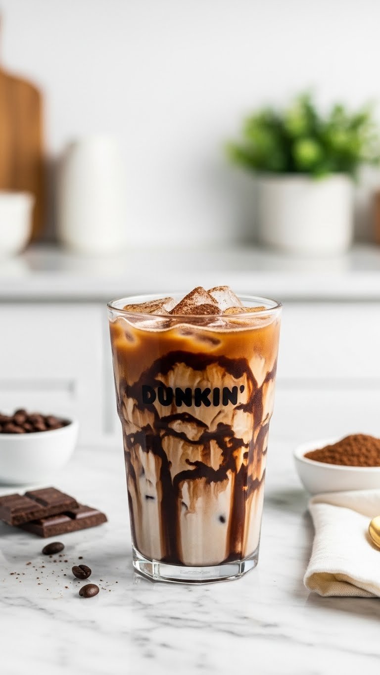 Dunkin Mocha Swirl Iced Coffee in clear glass with cocoa powder dusting on marble countertop