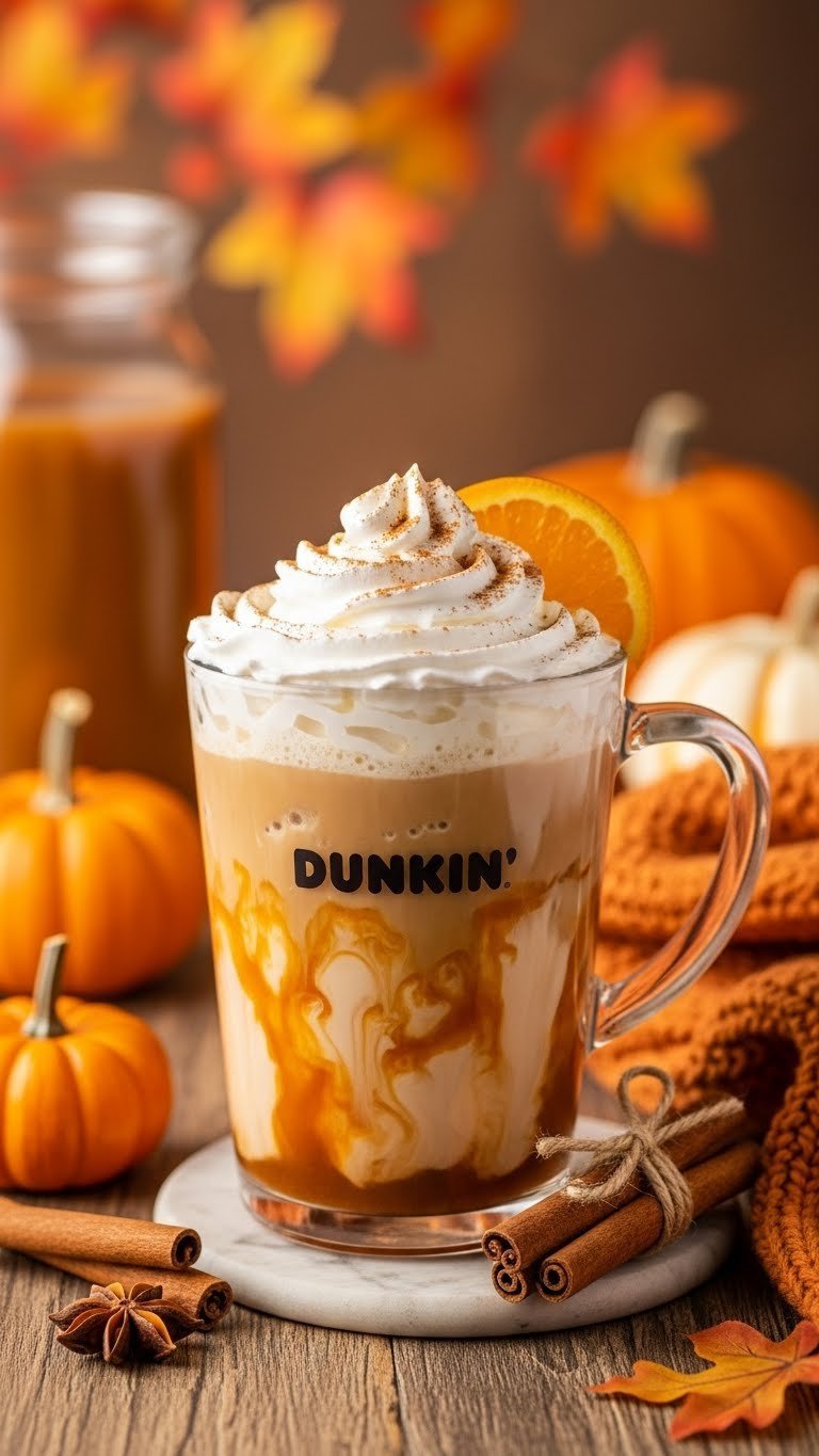 Dunkin Pumpkin Swirl Iced Coffee with cinnamon sprinkle in clear mug on rustic autumn table