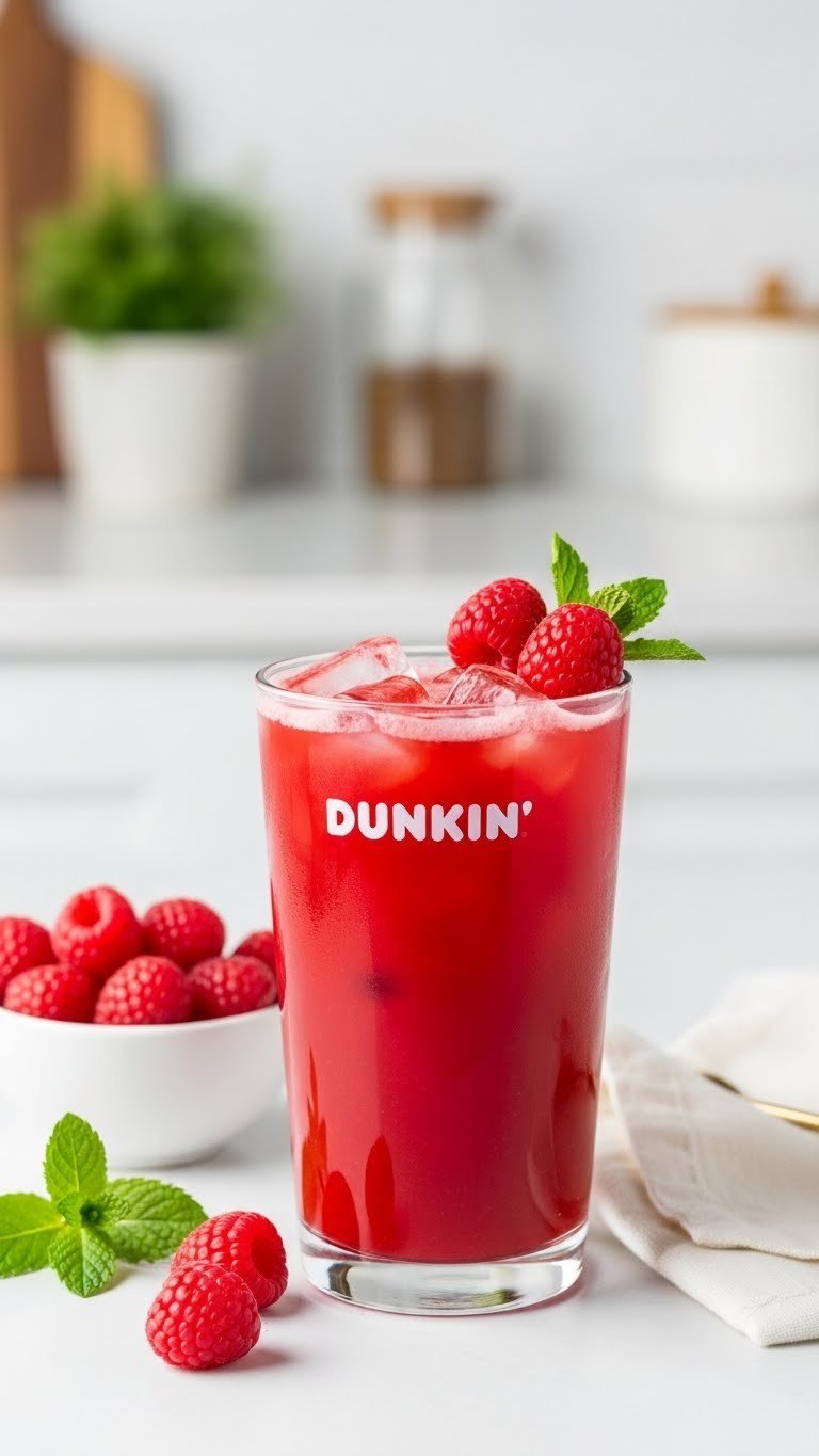 Dunkin Raspberry Flavor Shot Iced Coffee with fresh raspberries on clean white surface
