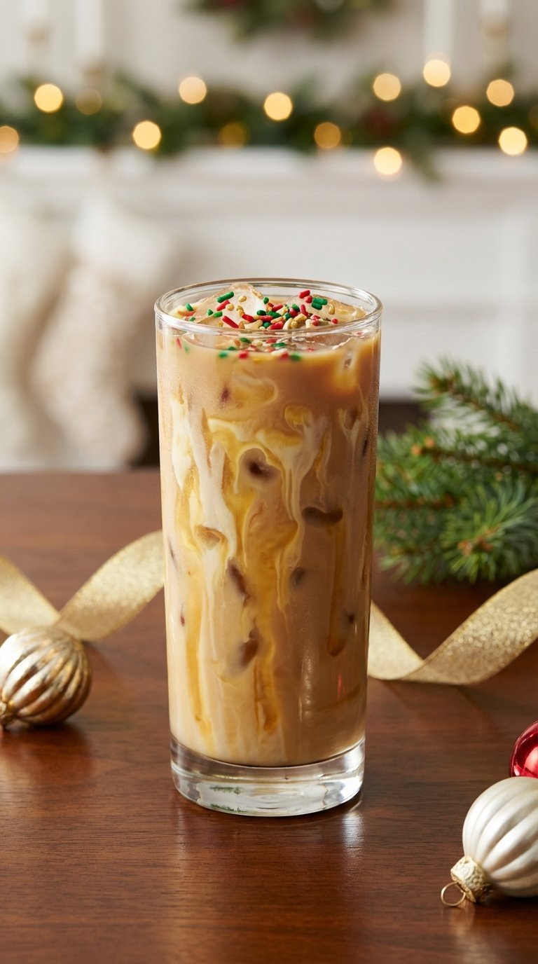 Dunkin Toasted White Chocolate Swirl Iced Coffee with festive sprinkles on dark wood table