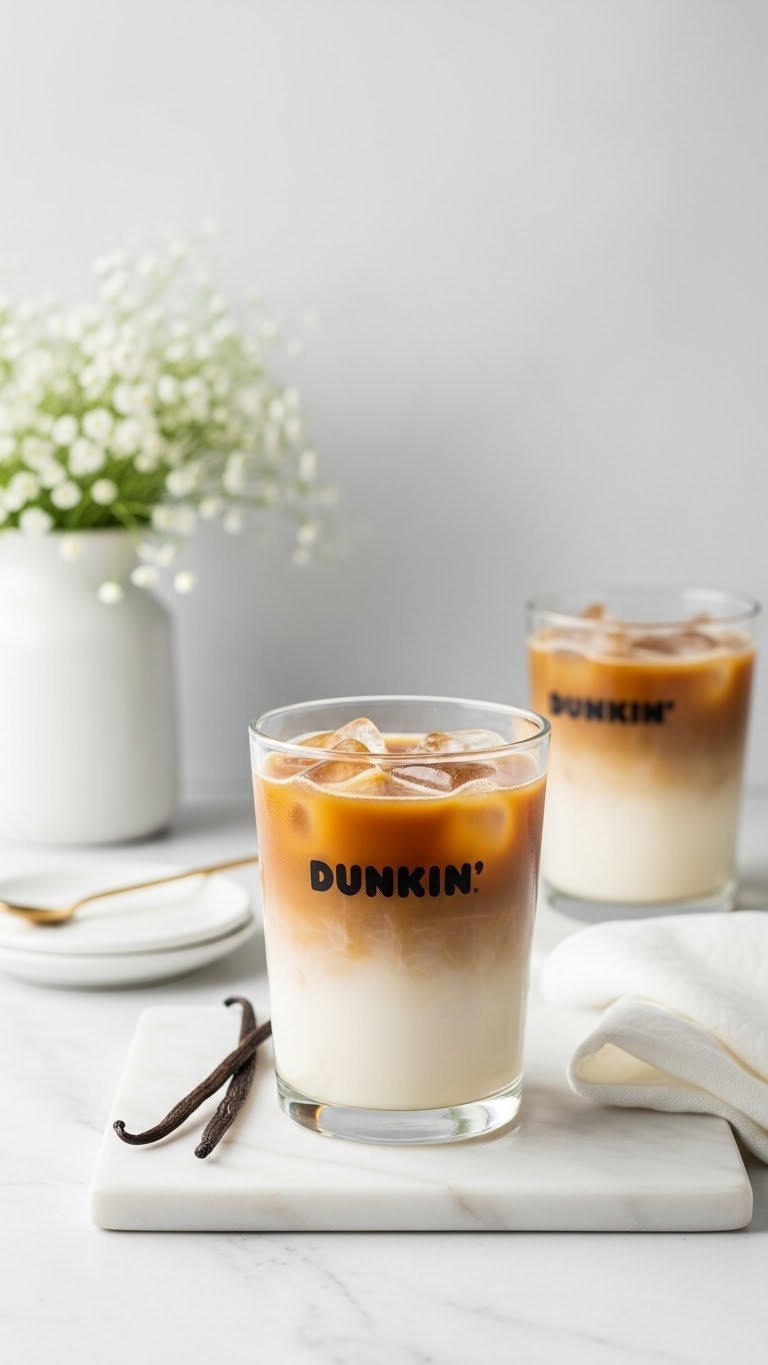 Dunkin Unsweetened Vanilla Flavor Shot Iced Coffee with vanilla bean pod on white marble