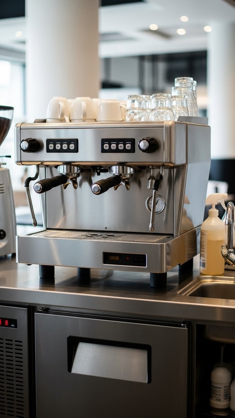 Durable commercial coffee bar with stainless steel construction and integrated waste chute for maintenance.