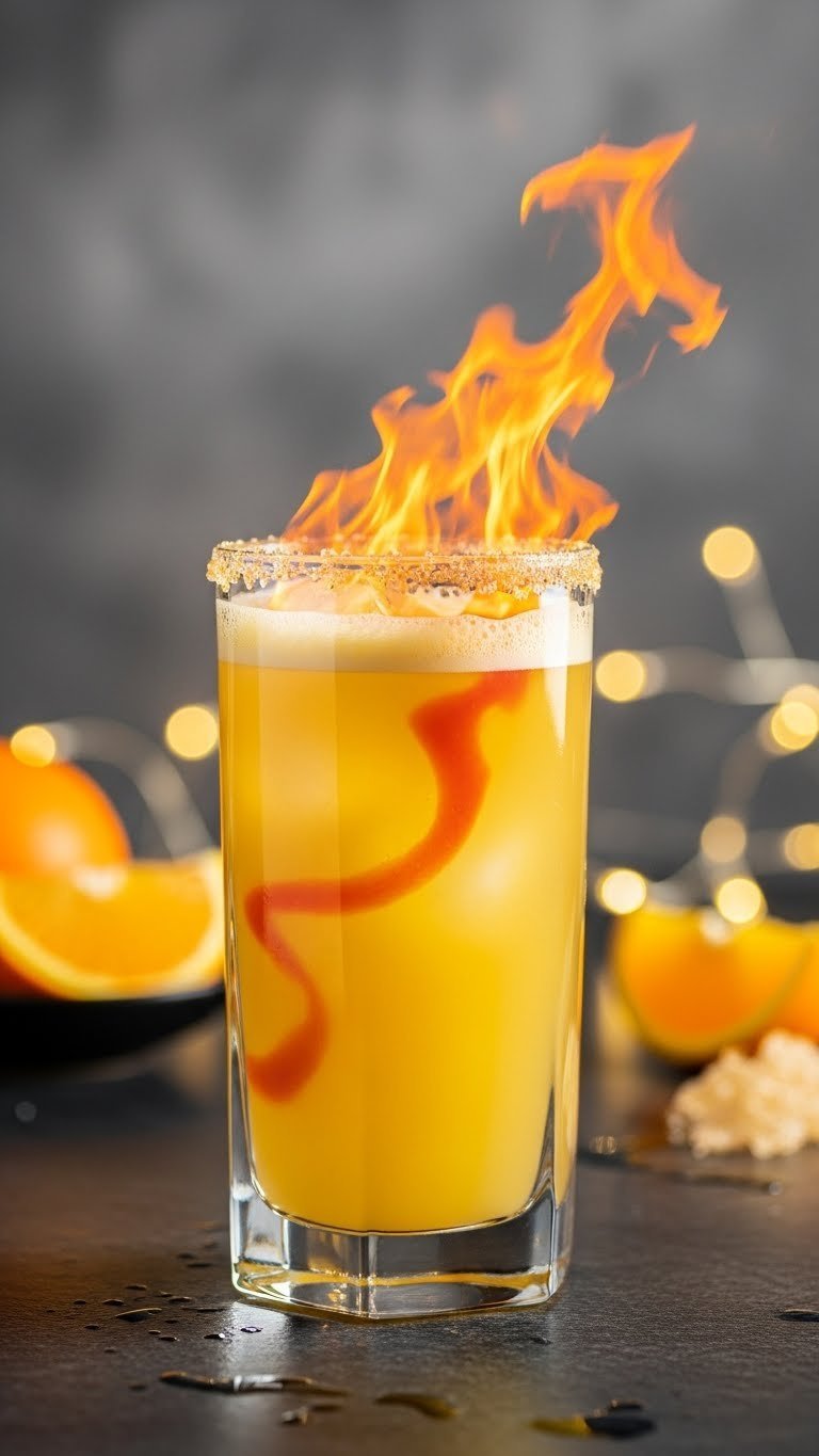 Dynamic 45-degree angle shot of fiery golden-yellow Super Saiyan Power-Up Drink in angled glass with frothy cap