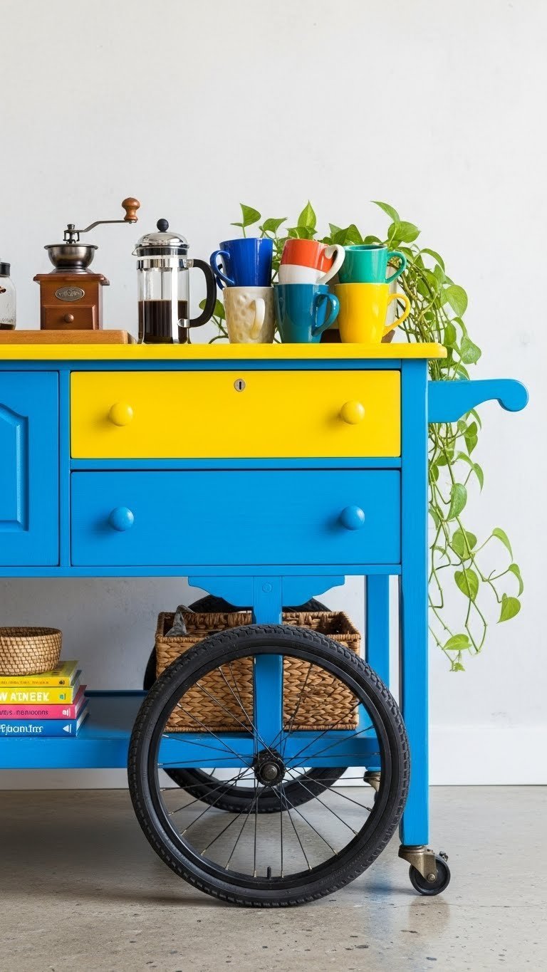 Dynamic mobile coffee cart with casters transformed from vibrantly painted dresser featuring French press and colorful mugs
