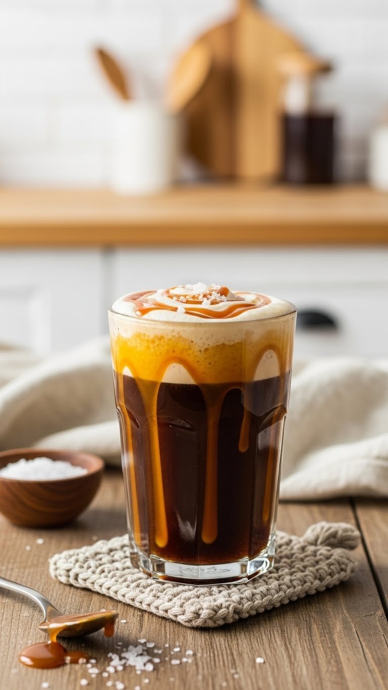 Dynamic photo of Salted Caramel Cold Brew with caramel, cold foam, and sea salt on a rustic table, ready for Pinterest.