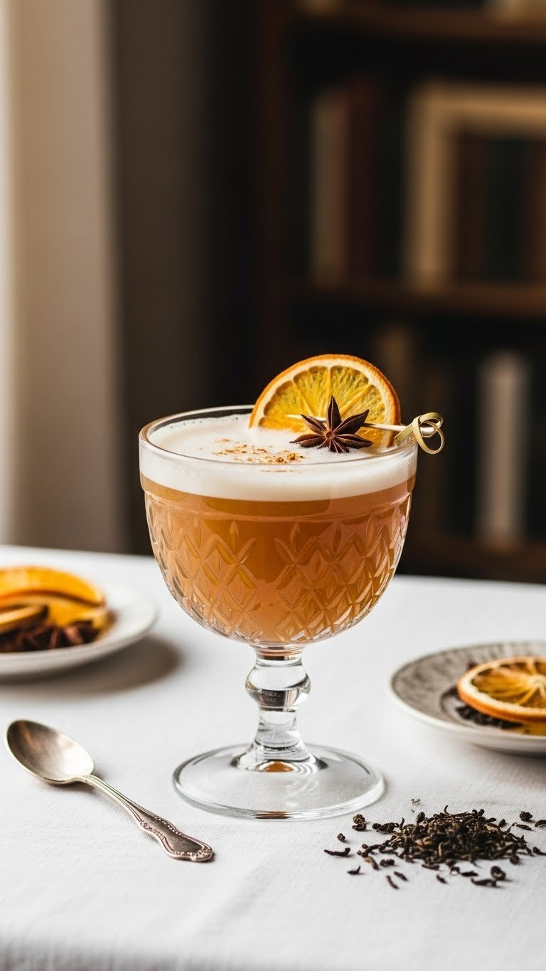 Earl Grey & Gin Cloud 9 cocktail with amber-hued tea drink and dried orange slice garnish