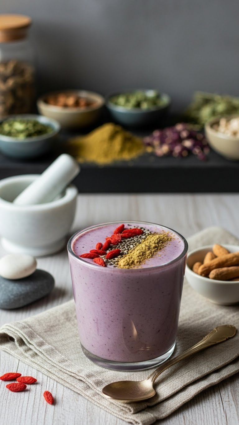 Earthy adaptogenic superfood smoothie garnished with goji berries and maca powder in ceramic mug on linen placemat