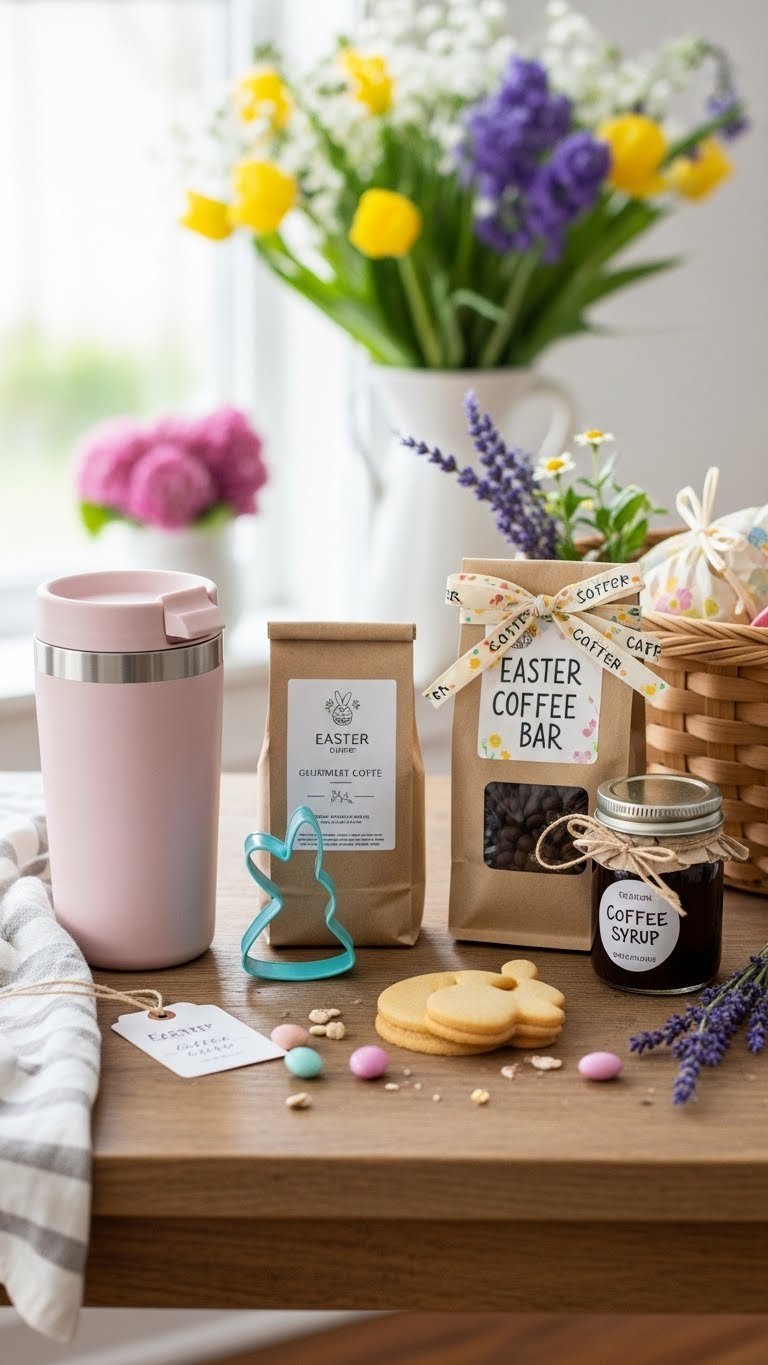 Easter coffee lover gift set with thermal mug, gourmet beans, and bunny-shaped cookie cutter on rustic table