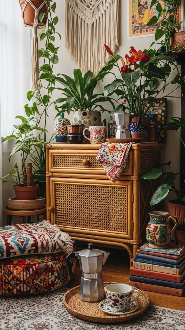 Eclectic bohemian retro coffee corner with rattan cabinet, patterned textiles, ceramic coffee maker, and lush houseplants.