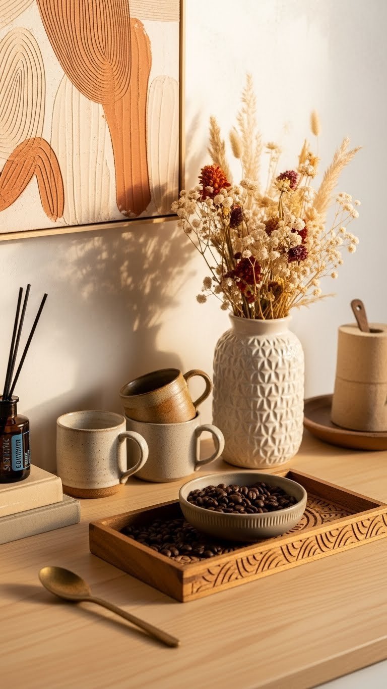 Eclectic boho coffee bar decor with vintage pottery mugs and artisanal coffee beans on wooden counter