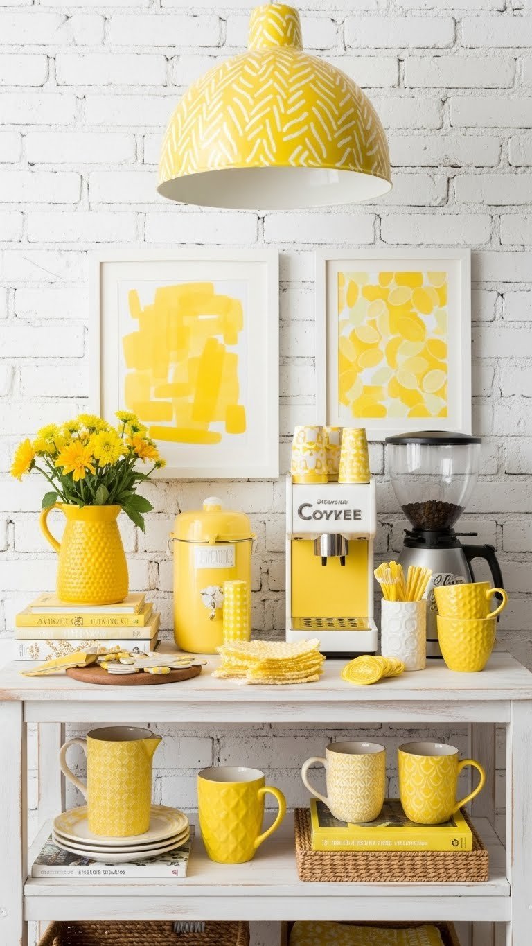 Eclectic mix-and-match yellow decor coffee bar with vibrant patterns on white brick wall backdrop