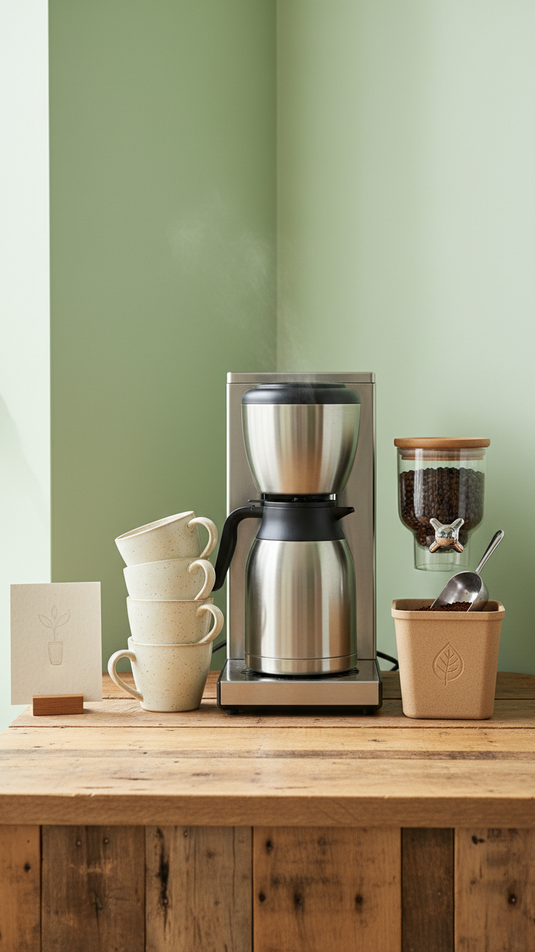 Eco-friendly office coffee station with drip machine, reusable mugs, and compost bin on reclaimed wood countertop