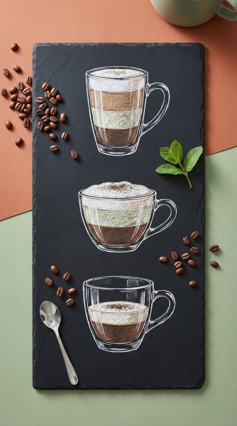 Educational coffee drink cross-section diagrams on chalkboard showing latte, cappuccino, and macchiato layers in minimalist flat lay arrangement