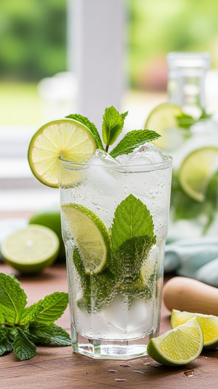 Effortless Mojito with fresh mint leaves and lime wedges in highball glass on rustic wooden table