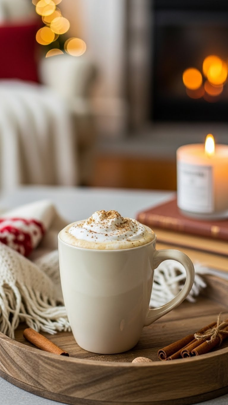 Eggnog latte topped with nutmeg in cozy winter mug on rustic tray with holiday living room backdrop.