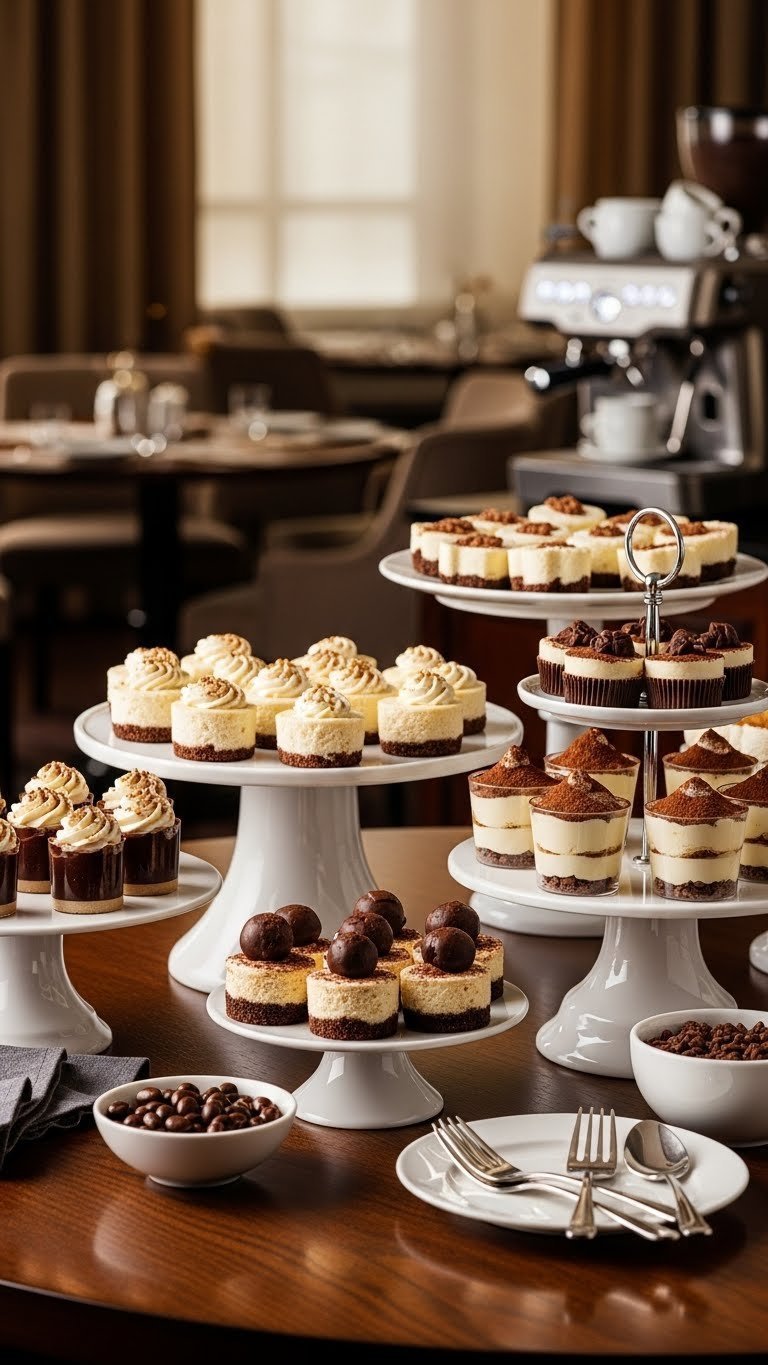 Elaborate dessert and coffee bar with mini cheesecakes, chocolate-covered espresso beans, and tiramisu cups on tiered stands.