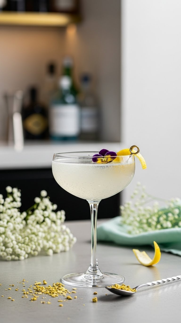 Elderflower & Gin Cloud 9 cocktail with pale iridescent drink and lemon twist in crystal coupe glass