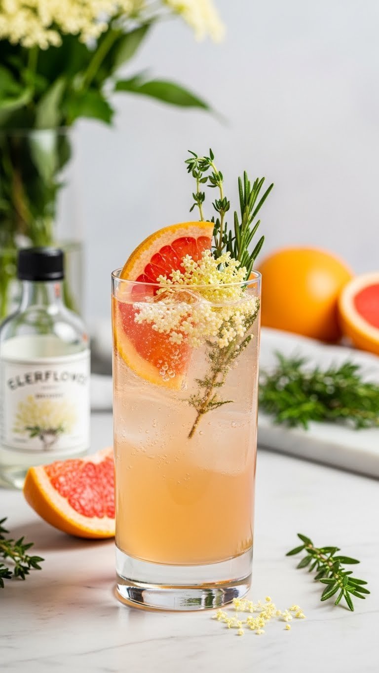 Elderflower grapefruit gin fizz in tall highball glass with fresh herb garnish
