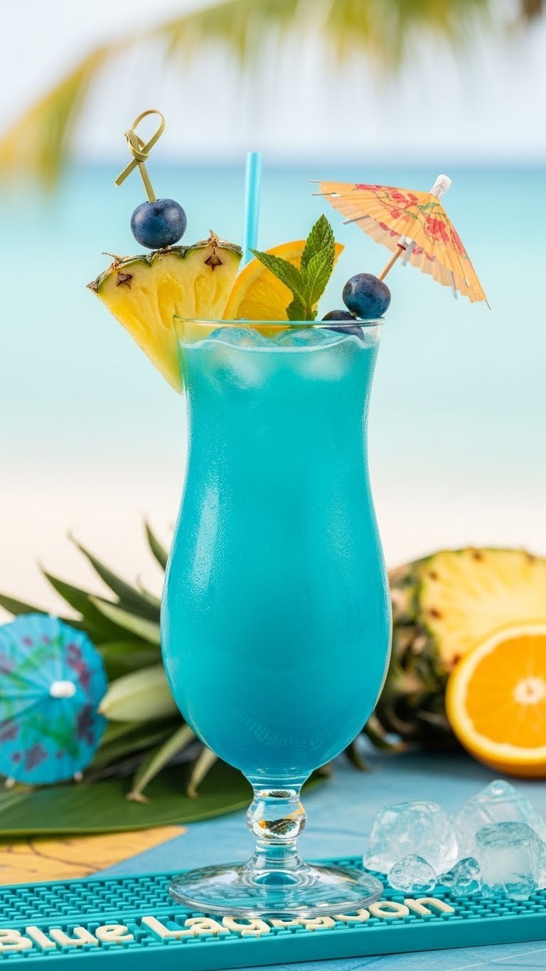 Electric blue Blue Lagoon cocktail in hurricane glass with pineapple garnish on tropical beach-themed background