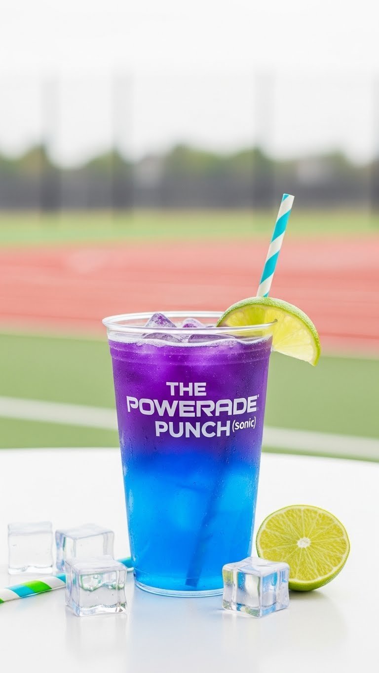 Electric blue Powerade Sonic beverage infused with grape flavor and zesty lime garnish