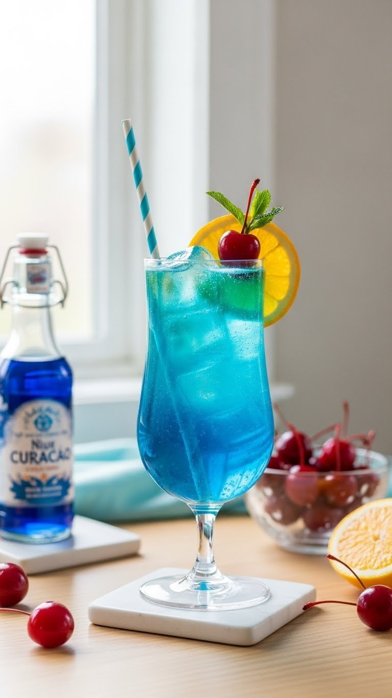 Non-Alcoholic Sprite: 9 Easy Mocktail Ideas for Any Party 3 Electric blue non-alcoholic Blue Lagoon Fizz in elegant glass with maraschino cherry garnish on minimalist wooden table