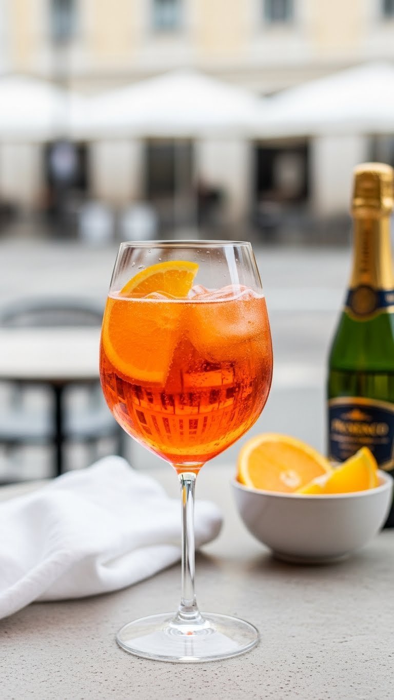 Elegant Aperol Spritz in wine glass with orange slice and effervescent bubbles on stone surface