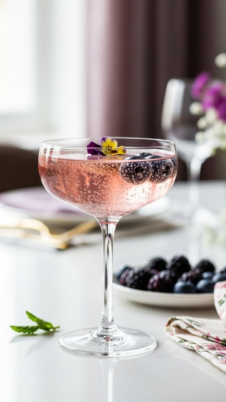 Elegant Elderflower & Berry Fizz mocktail in coupe glass with blueberries and edible flower floating on polished surface