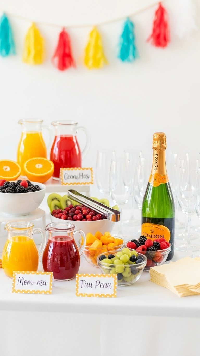 Elegant Mom-osa mocktail bar setup with juice pitchers, fresh fruit bowls, champagne flutes, and festive decorations