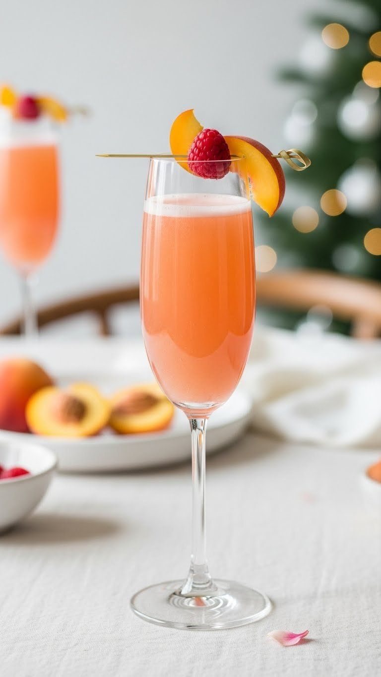 Elegant Sparkling Peach Bellini Lotus mocktail in champagne flute with peach slice and raspberry garnish
